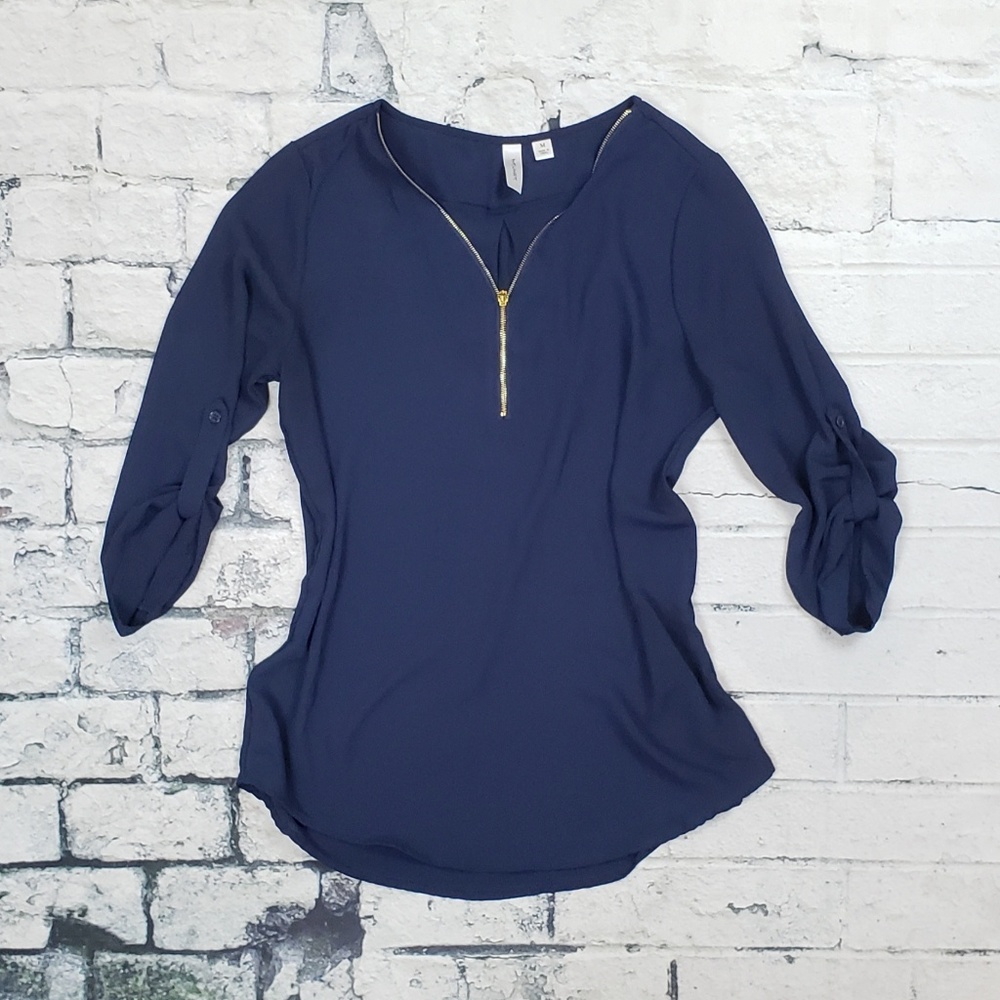Navy ¾ sleeve Dress Top W/ Gold Zipper Detail